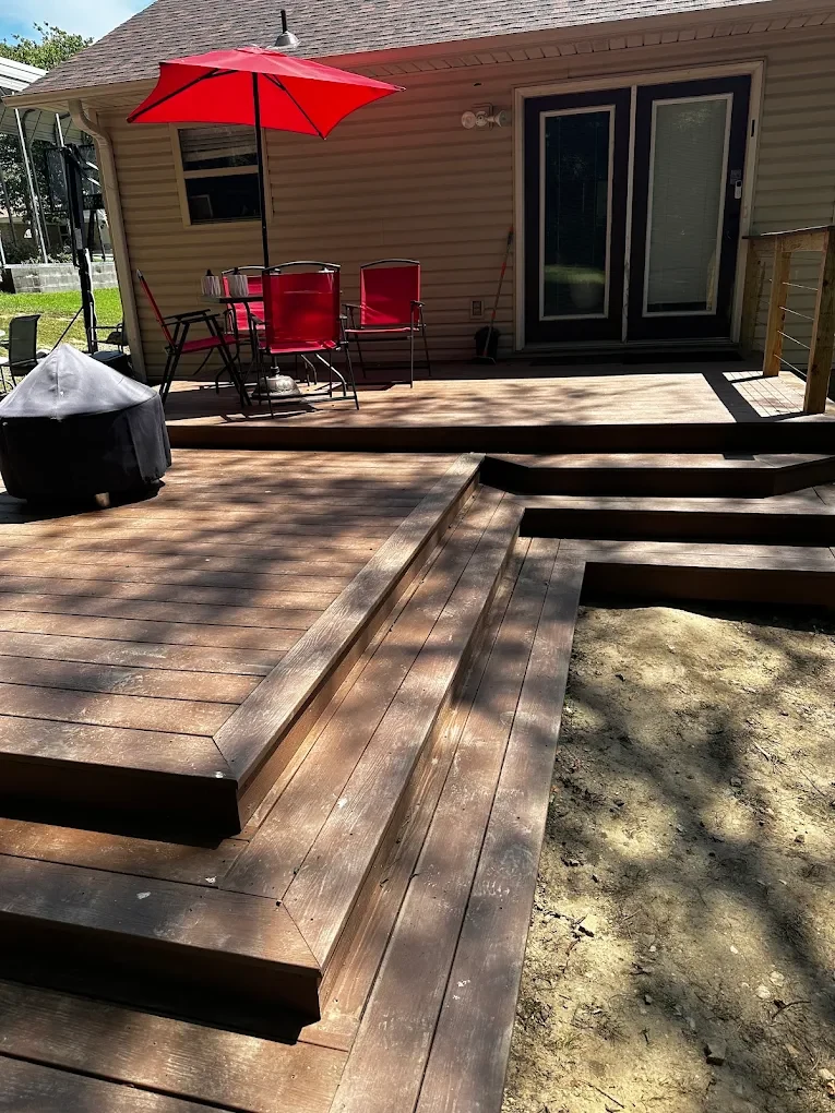Wide deck steps and outdoor seating